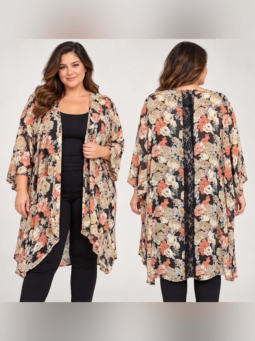 Emerald Floral Lace Back Cardigan Size 3X Black Peach NWOT